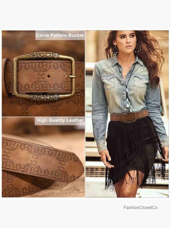 Western Belt with Heart Buckle - Y2K Cowgirl Leather Belt for Jeans